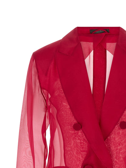 Blazer by Max Mara for women in silk fuchsia & transparent showcases a discerning silhouette, elegantly detailed with a sophisticated split neckline and premium for a truly discerning finish.