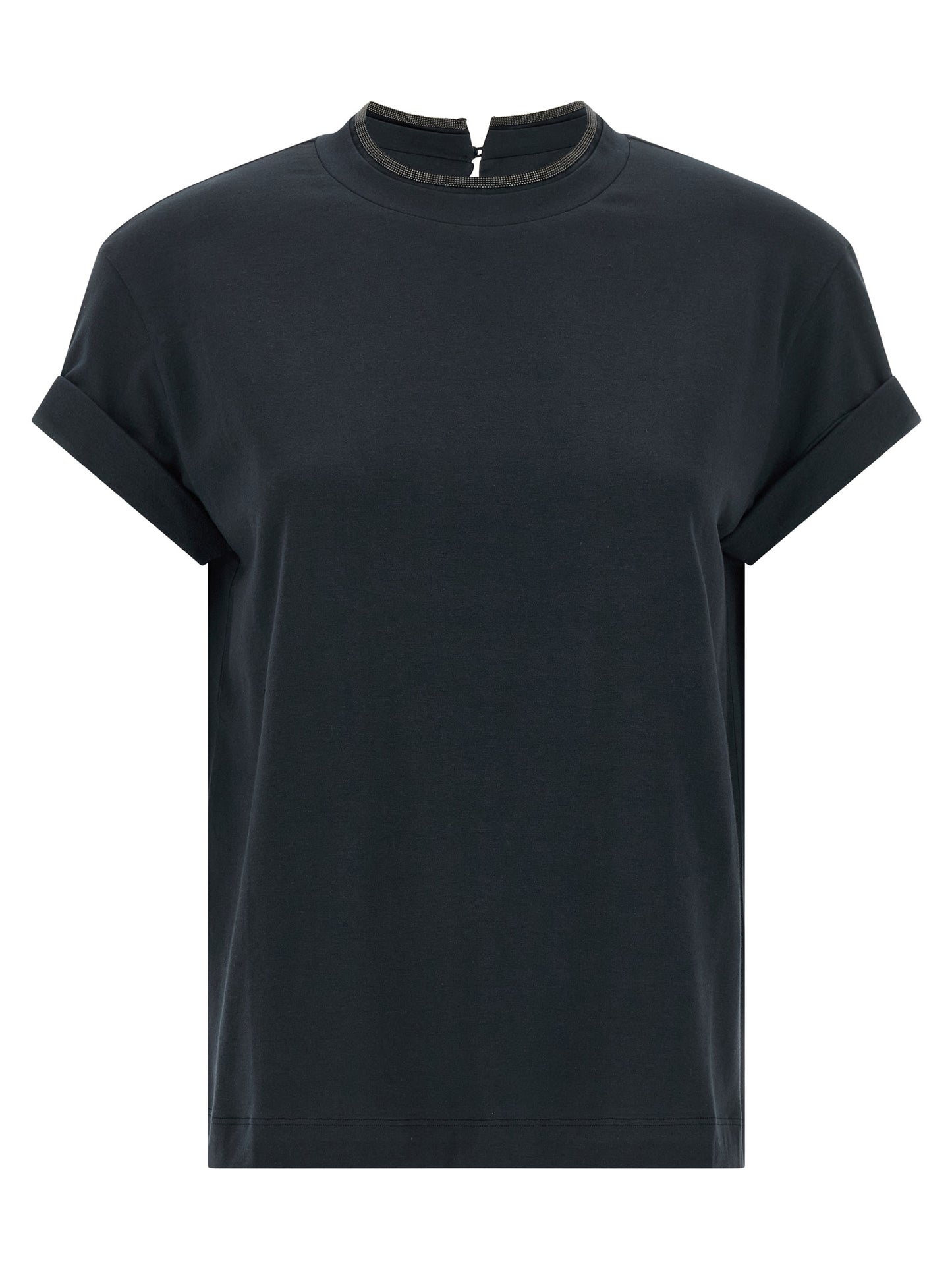 T-Shirt by Brunello Cucinelli for women in stretch cotton blue showcases a unassuming silhouette, artfully detailed with a refined crew neckline and unassuming for a sophisticated, contemporary look.