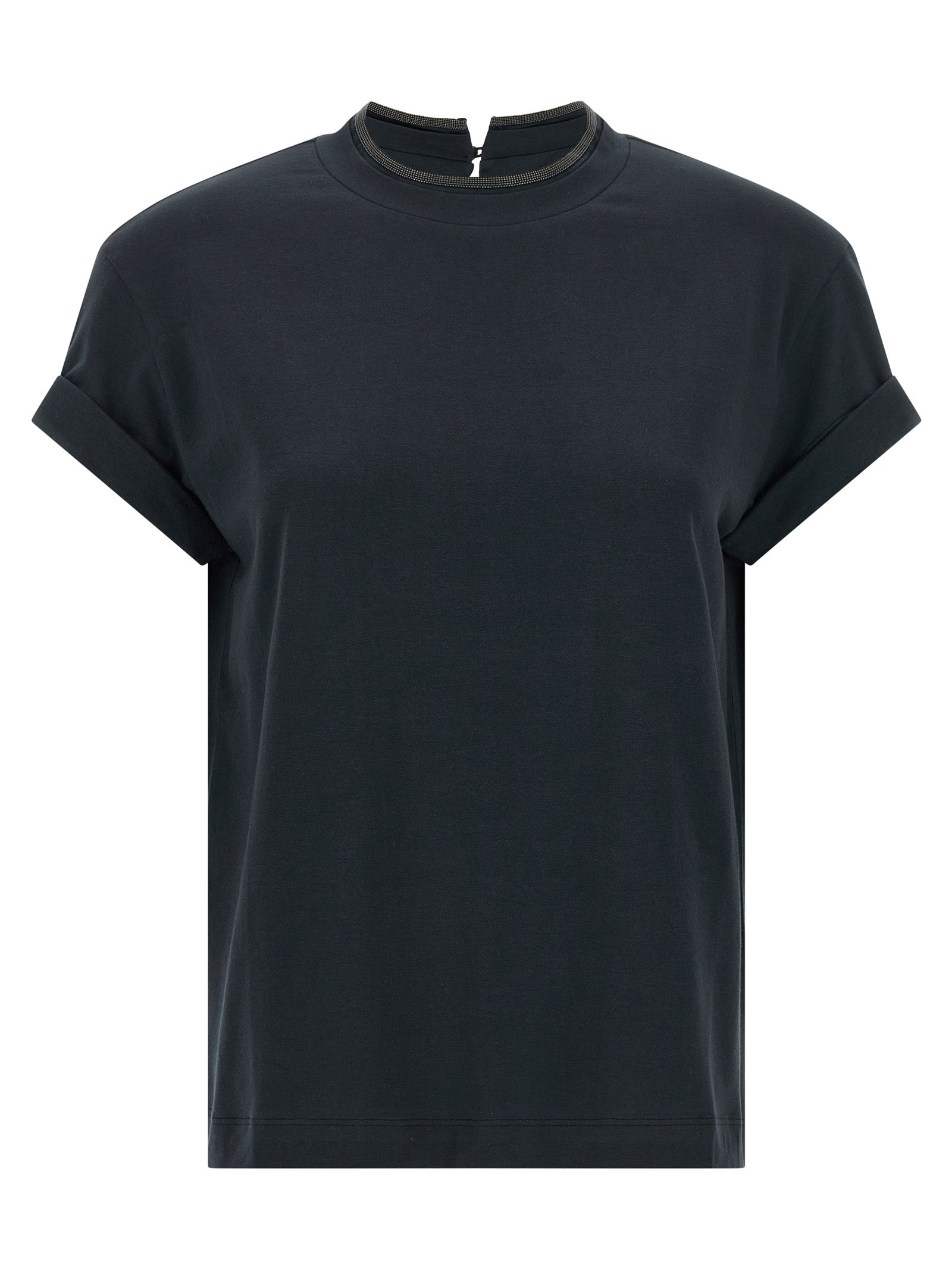 T-Shirt by Brunello Cucinelli for women in stretch cotton blue showcases a unassuming silhouette, artfully detailed with a refined crew neckline and unassuming for a sophisticated, contemporary look.
