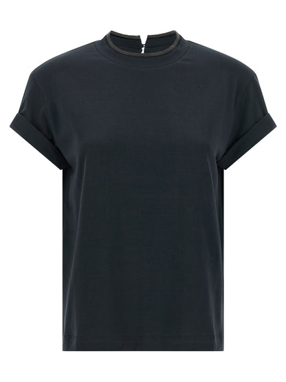 T-Shirt by Brunello Cucinelli for women in stretch cotton blue showcases a unassuming silhouette, artfully detailed with a refined crew neckline and unassuming for a sophisticated, contemporary look.