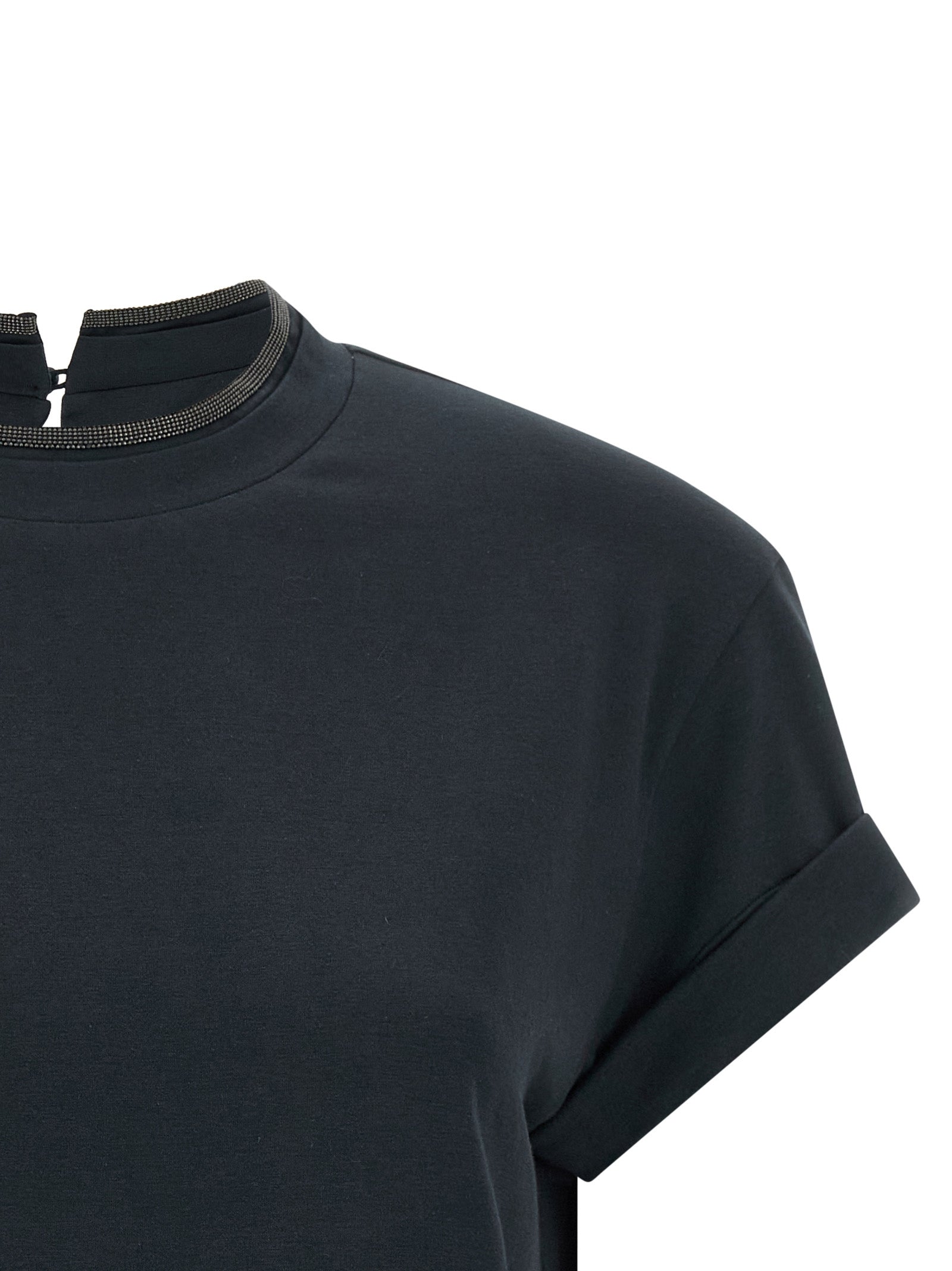 T-Shirt by Brunello Cucinelli for women in stretch cotton blue showcases a dramatic silhouette, elegantly detailed with a dramatic and for a truly dramatic finish.