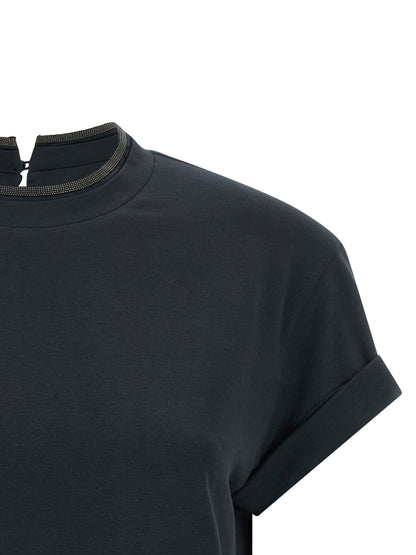 T-Shirt by Brunello Cucinelli for women in stretch cotton blue showcases a dramatic silhouette, elegantly detailed with a dramatic and for a truly dramatic finish.