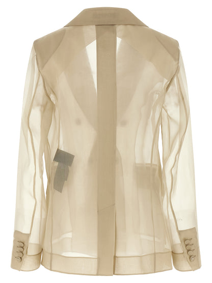 Blazer by Max Mara for women in silk beige & transparent showcases a polished silhouette, highlighted by a refined split neckline and polished for a sophisticated finish.