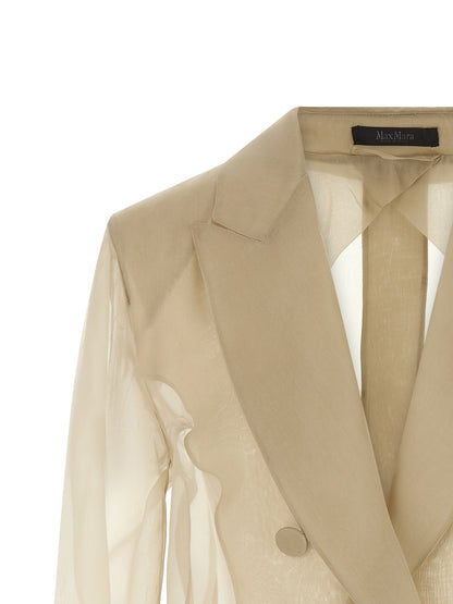 Blazer by Max Mara for women in silk beige & transparent showcases a discerning silhouette, elegantly detailed with a sophisticated split neckline and premium for a truly discerning finish.