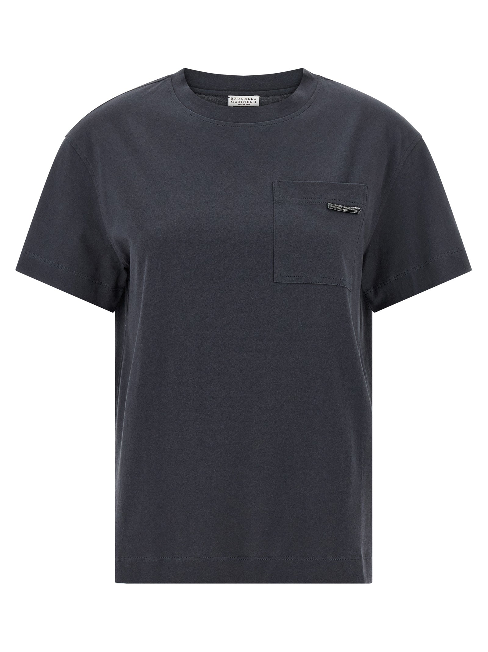 T-Shirt by Brunello Cucinelli for women in cotton blue showcases a dramatic silhouette, elegantly detailed with a dramatic crew neckline and short-sleeve for a truly dramatic finish.