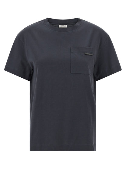 T-Shirt by Brunello Cucinelli for women in cotton blue showcases a dramatic silhouette, elegantly detailed with a dramatic crew neckline and short-sleeve for a truly dramatic finish.