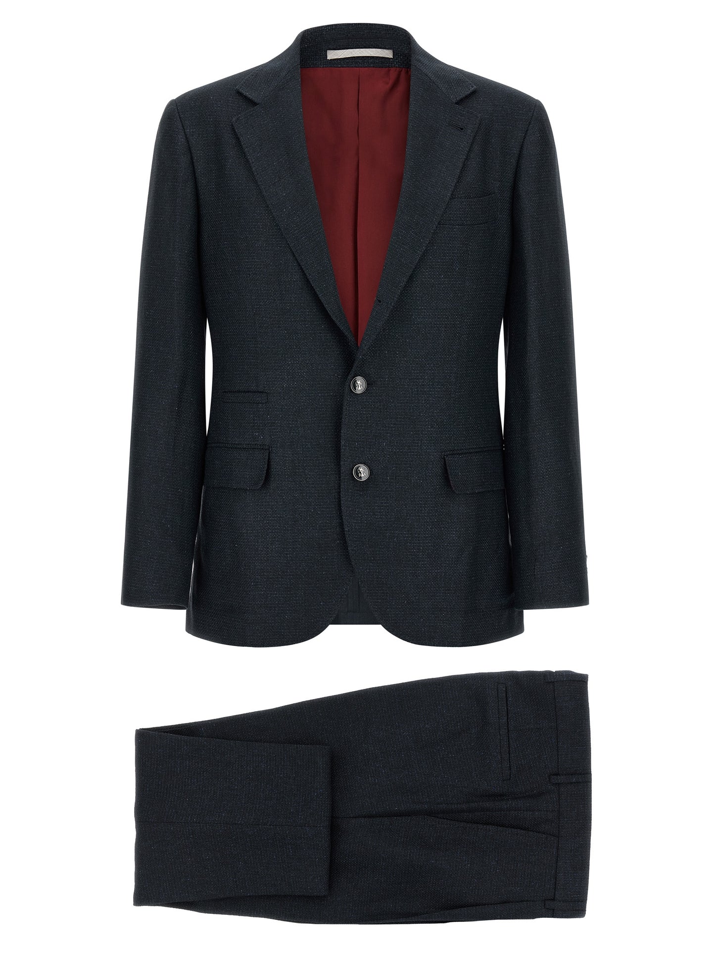 Pant Suit by Brunello Cucinelli for men in linen silk wool blue features a tailored silhouette, showcasing a sophisticated and tailored for a refined, professional look.