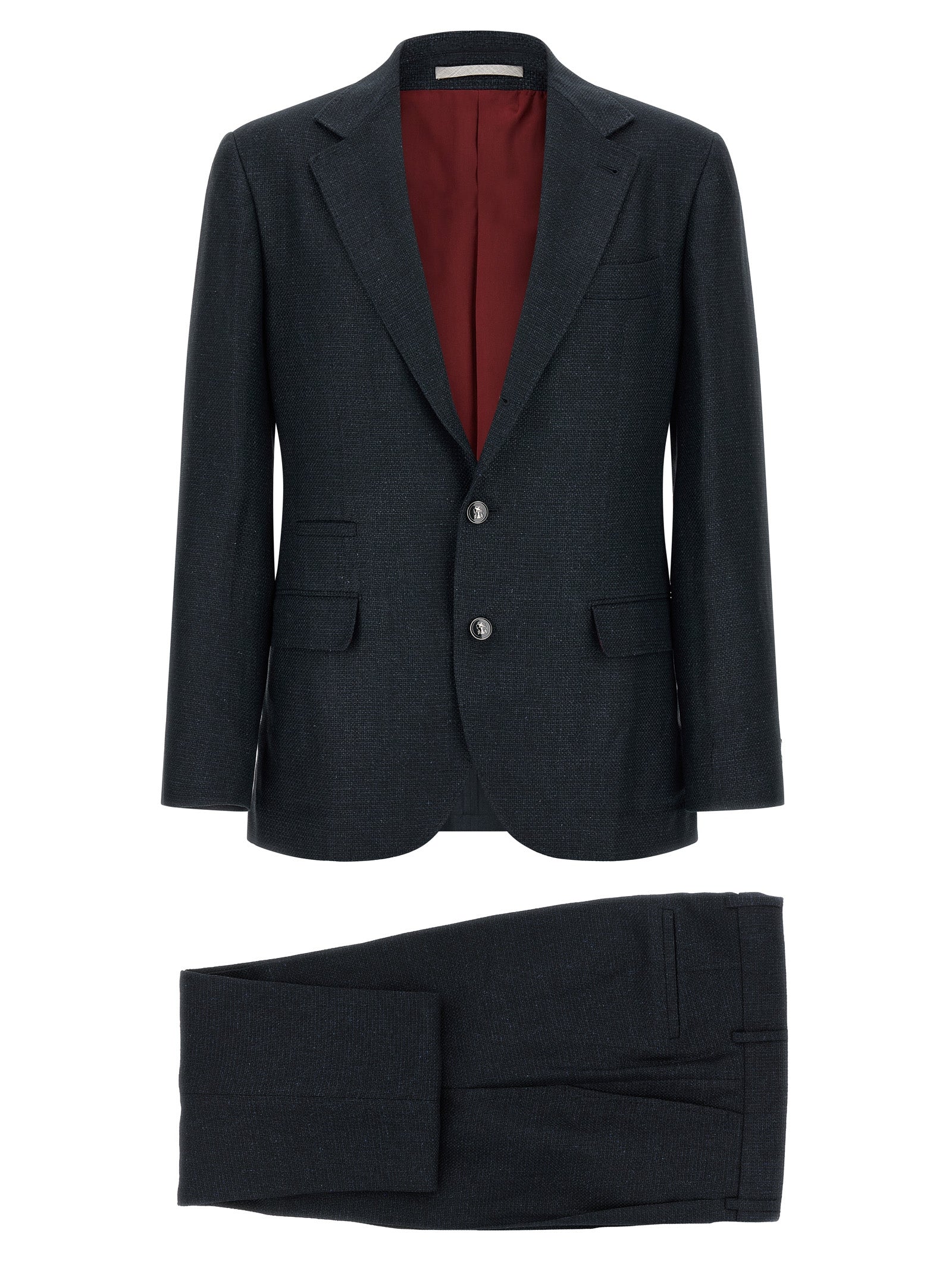 Pant Suit by Brunello Cucinelli for men in linen silk wool blue features a tailored silhouette, showcasing a sophisticated and tailored for a refined, professional look.