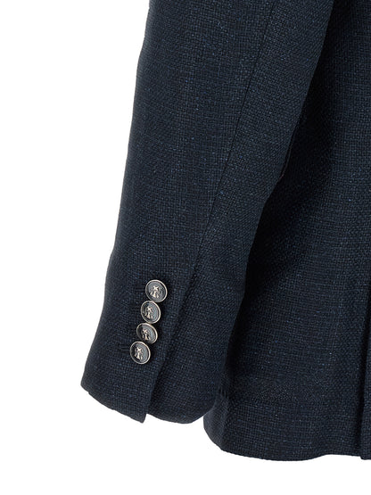 Pant Suit by Brunello Cucinelli for men in linen silk wool blue presents a sublime silhouette, showcasing a sophisticated and a sublime that exemplifies modern elegance.