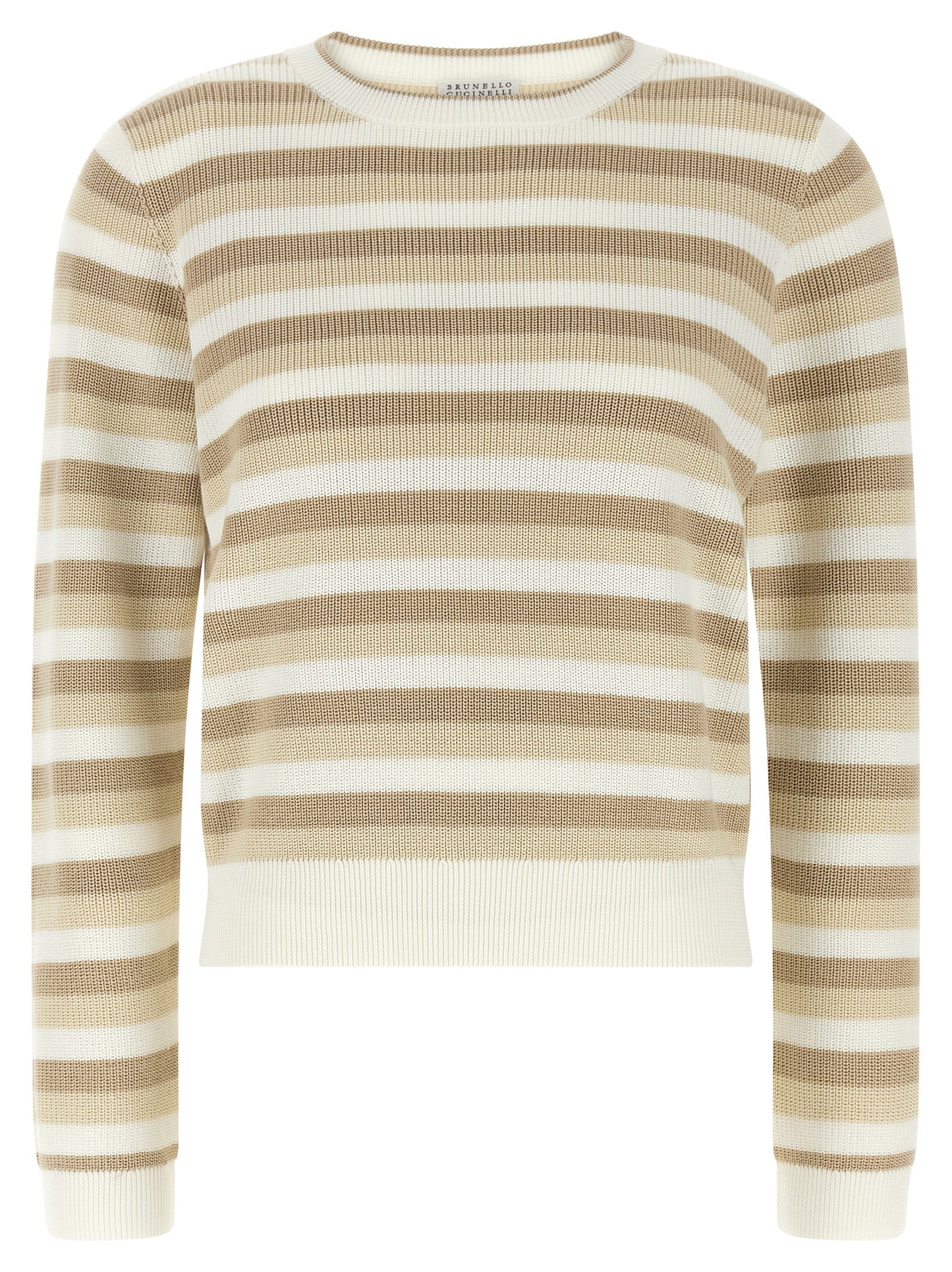 Cardigan by Brunello Cucinelli for women in cotton beige, patterned & striped features a nuanced silhouette with a refined crew neckline and nuanced long-sleeve detailing for a sophisticated look.