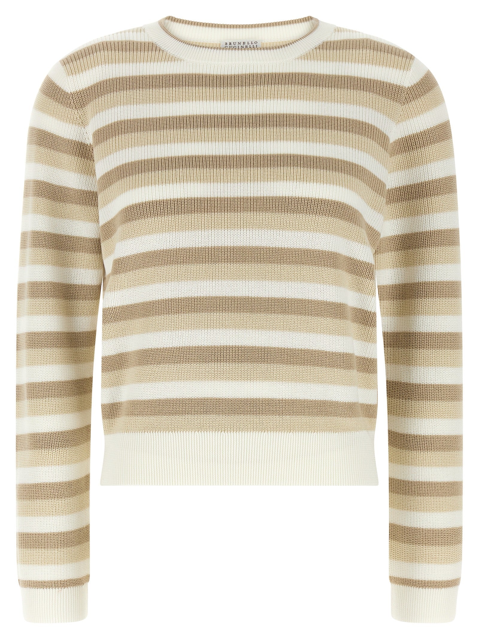 Cardigan by Brunello Cucinelli for women in cotton beige, patterned & striped features a nuanced silhouette with a refined crew neckline and nuanced long-sleeve detailing for a sophisticated look.