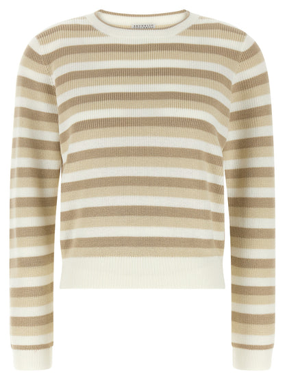 Cardigan by Brunello Cucinelli for women in cotton beige, patterned & striped features a nuanced silhouette with a refined crew neckline and nuanced long-sleeve detailing for a sophisticated look.