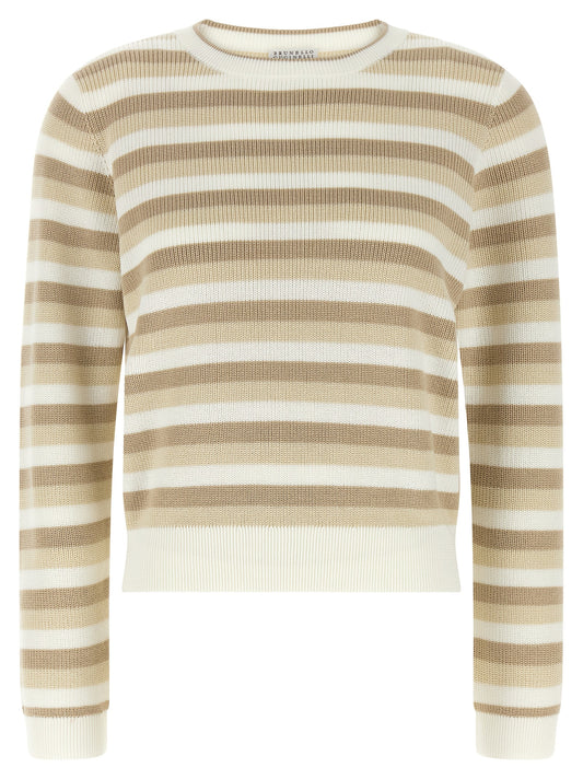 Cardigan by Brunello Cucinelli for women in cotton beige, patterned & striped features a nuanced silhouette with a refined crew neckline and nuanced long-sleeve detailing for a sophisticated look.