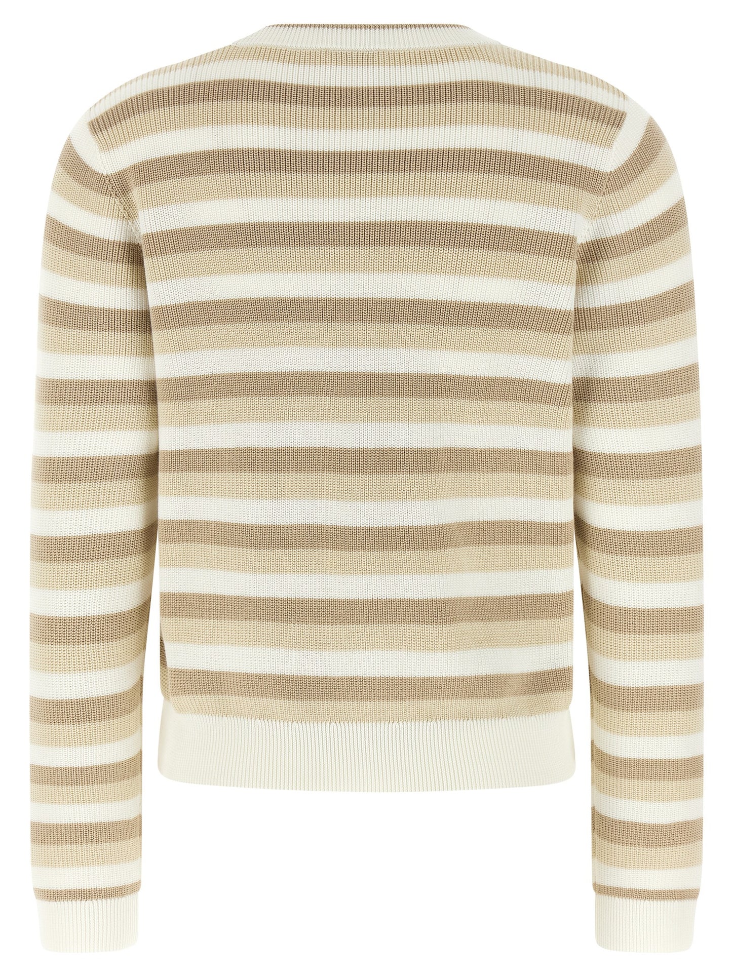 Cardigan by Brunello Cucinelli for women in cotton beige, patterned & striped features a dramatic silhouette, showcasing a sophisticated crew neckline and dramatic detail for a timeless, premium look.