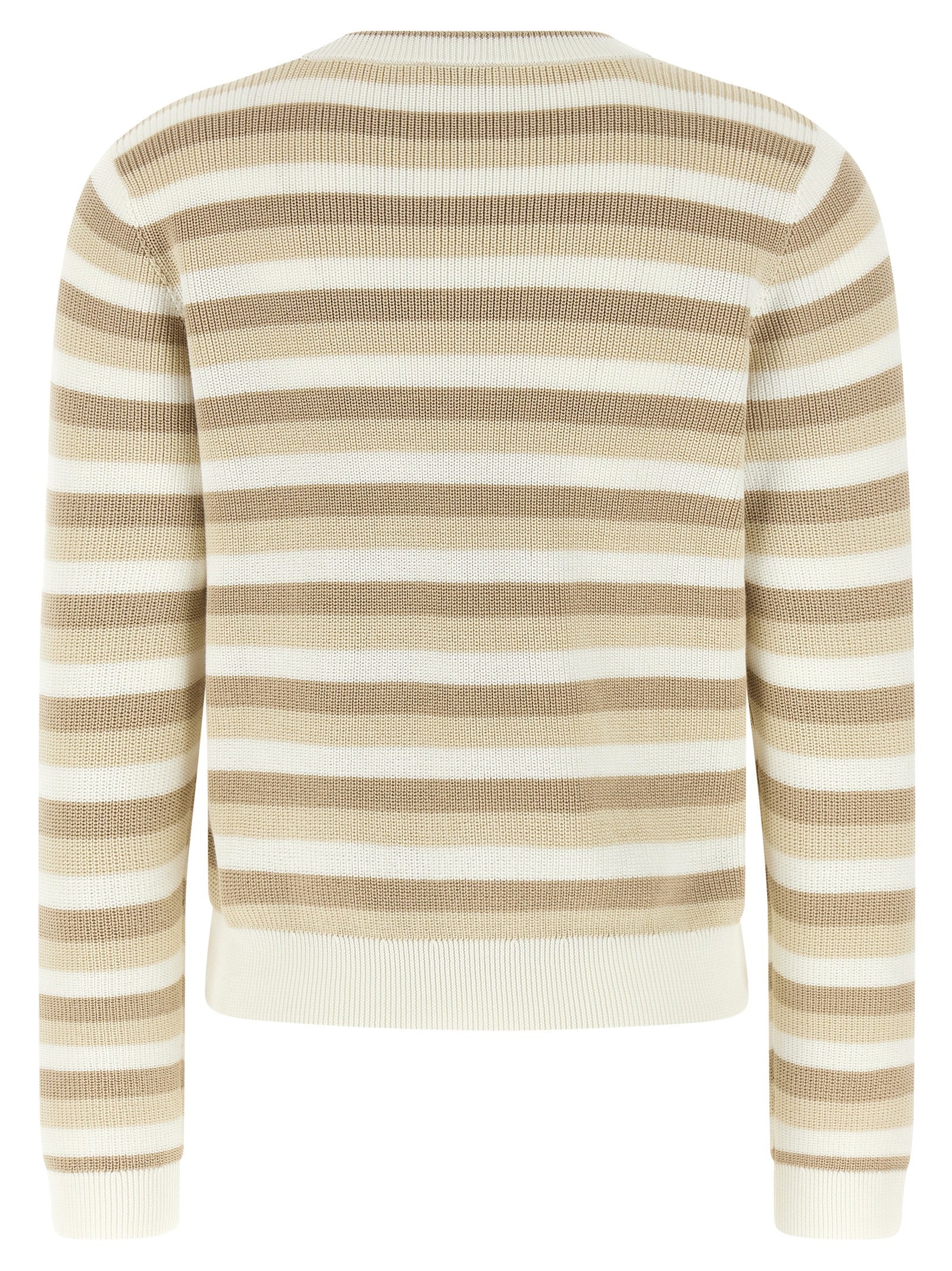 Cardigan by Brunello Cucinelli for women in cotton beige, patterned & striped features a dramatic silhouette, showcasing a sophisticated crew neckline and dramatic detail for a timeless, premium look.