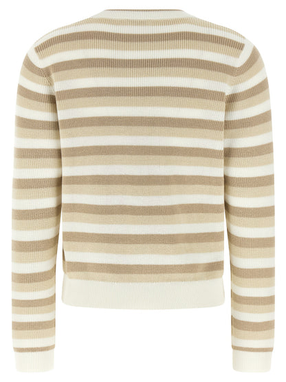 Cardigan by Brunello Cucinelli for women in cotton beige, patterned & striped features a dramatic silhouette, showcasing a sophisticated crew neckline and dramatic detail for a timeless, premium look.