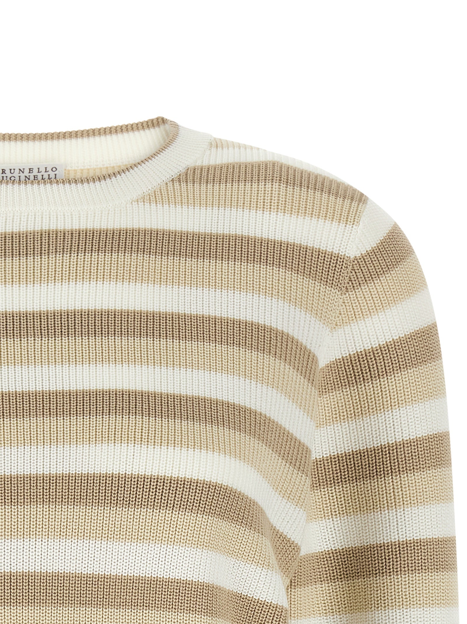Cardigan by Brunello Cucinelli for women in cotton beige, patterned & striped features a nuanced silhouette with a refined crew neckline and nuanced detailing for a sophisticated look.