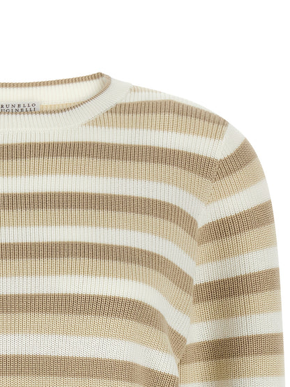 Cardigan by Brunello Cucinelli for women in cotton beige, patterned & striped features a nuanced silhouette with a refined crew neckline and nuanced detailing for a sophisticated look.