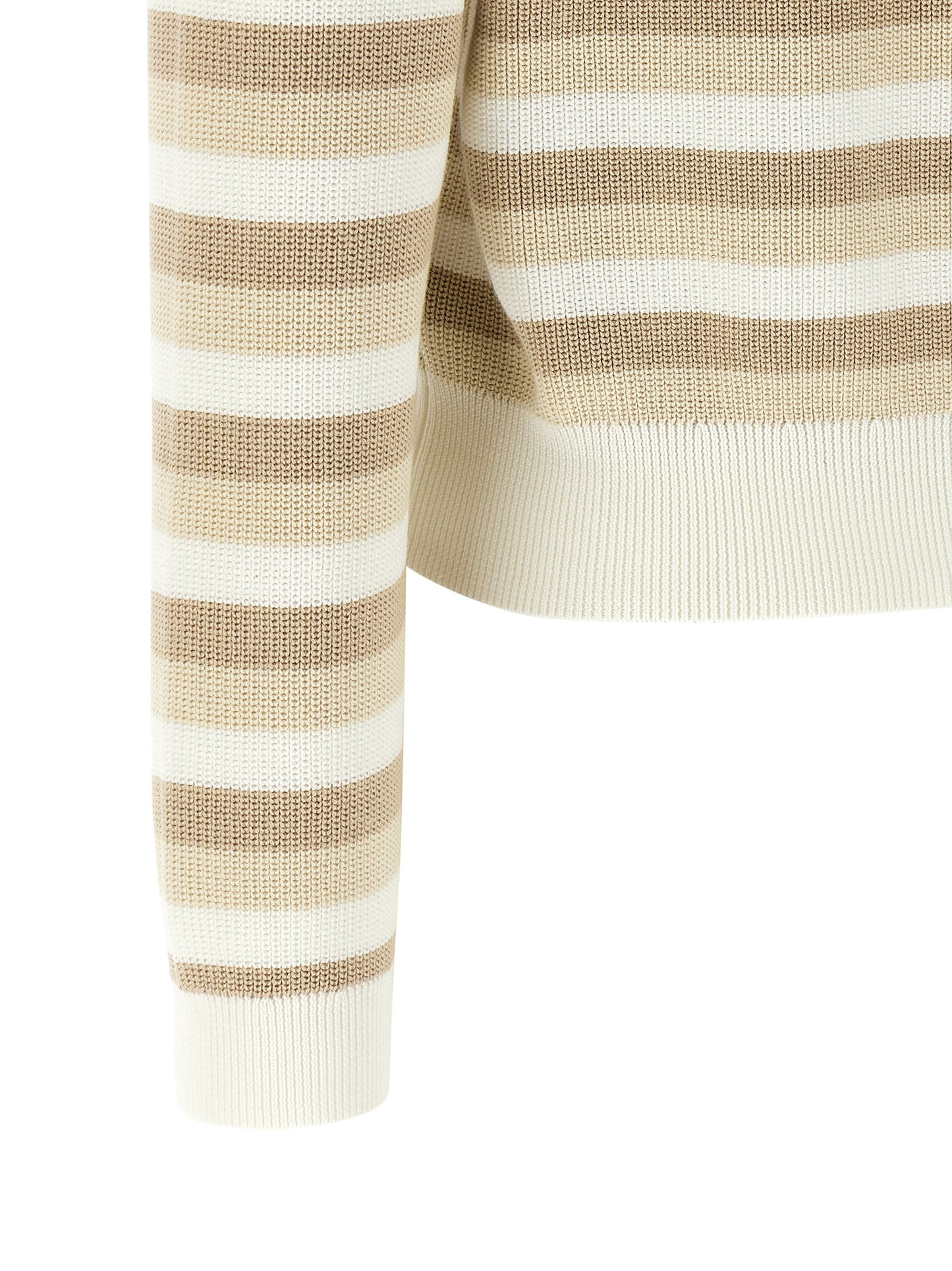 Cardigan by Brunello Cucinelli for women in cotton beige, patterned & striped showcases a luxurious silhouette, meticulously detailed with a sophisticated and for a refined finish.