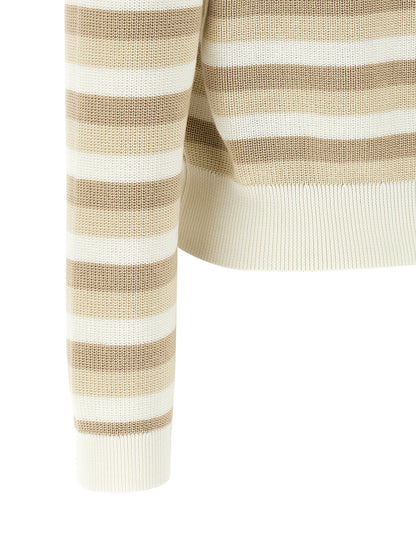 Cardigan by Brunello Cucinelli for women in cotton beige, patterned & striped showcases a luxurious silhouette, meticulously detailed with a sophisticated and for a refined finish.