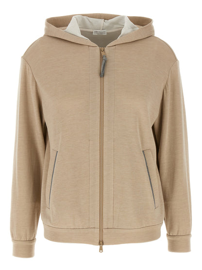 Sweatshirt Hoodie by Brunello Cucinelli for women in polyamide cotton silk beige & natural features a edgy silhouette, detailed with a edgy hooded neckline and long-sleeve for a refined finish.