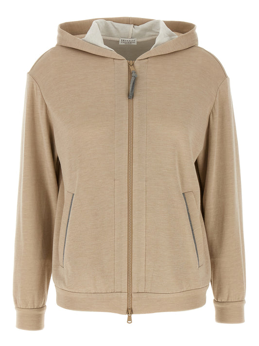 Sweatshirt Hoodie by Brunello Cucinelli for women in polyamide cotton silk beige & natural features a edgy silhouette, detailed with a edgy hooded neckline and long-sleeve for a refined finish.