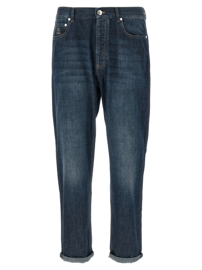 Brunello Cucinelli Men's Straight Leg High Rise Denim Cotton & Suede Leather Jeans - Blue