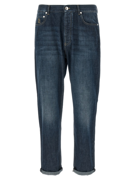 Jeans by Brunello Cucinelli for men in cotton denim & suede leather blue features a refined silhouette with a refined straight-leg, defined by a high rise and a refined long for a refined finish.