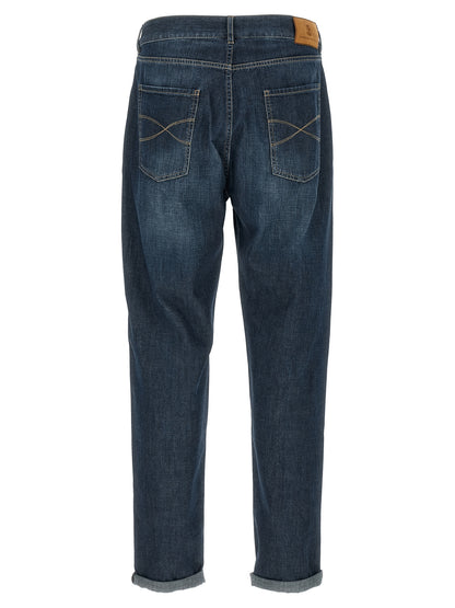 Brunello Cucinelli Men's Straight Leg High Rise Denim Cotton & Suede Leather Jeans - Blue
