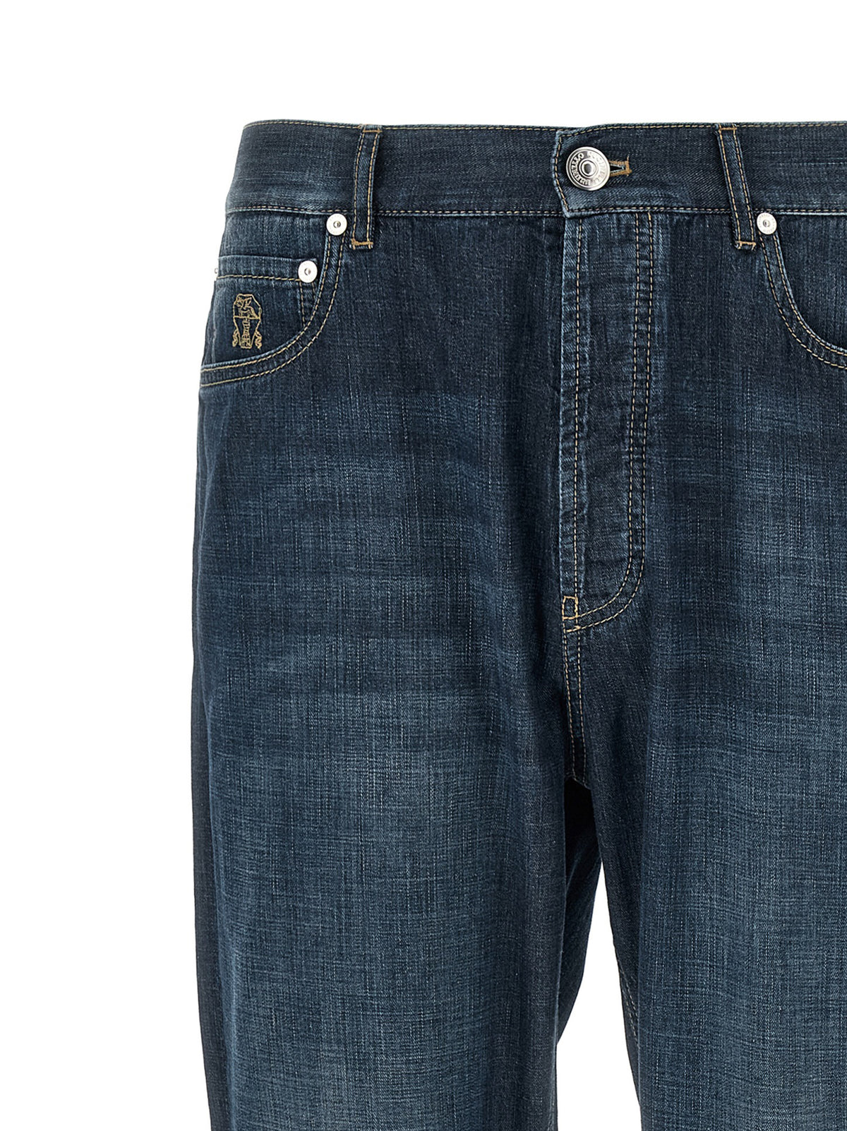 Brunello Cucinelli Men's Straight Leg High Rise Denim Cotton & Suede Leather Jeans - Blue