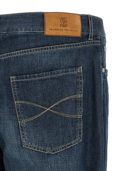 Brunello Cucinelli Men's Straight Leg High Rise Denim Cotton & Suede Leather Jeans - Blue