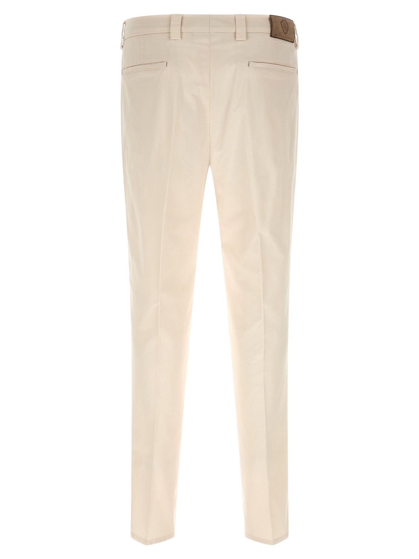 Trousers by Brunello Cucinelli for men in suede leather & cotton white features an sartorial silhouette, showcasing a precise regular-fit and long with a sartorial for a refined look.