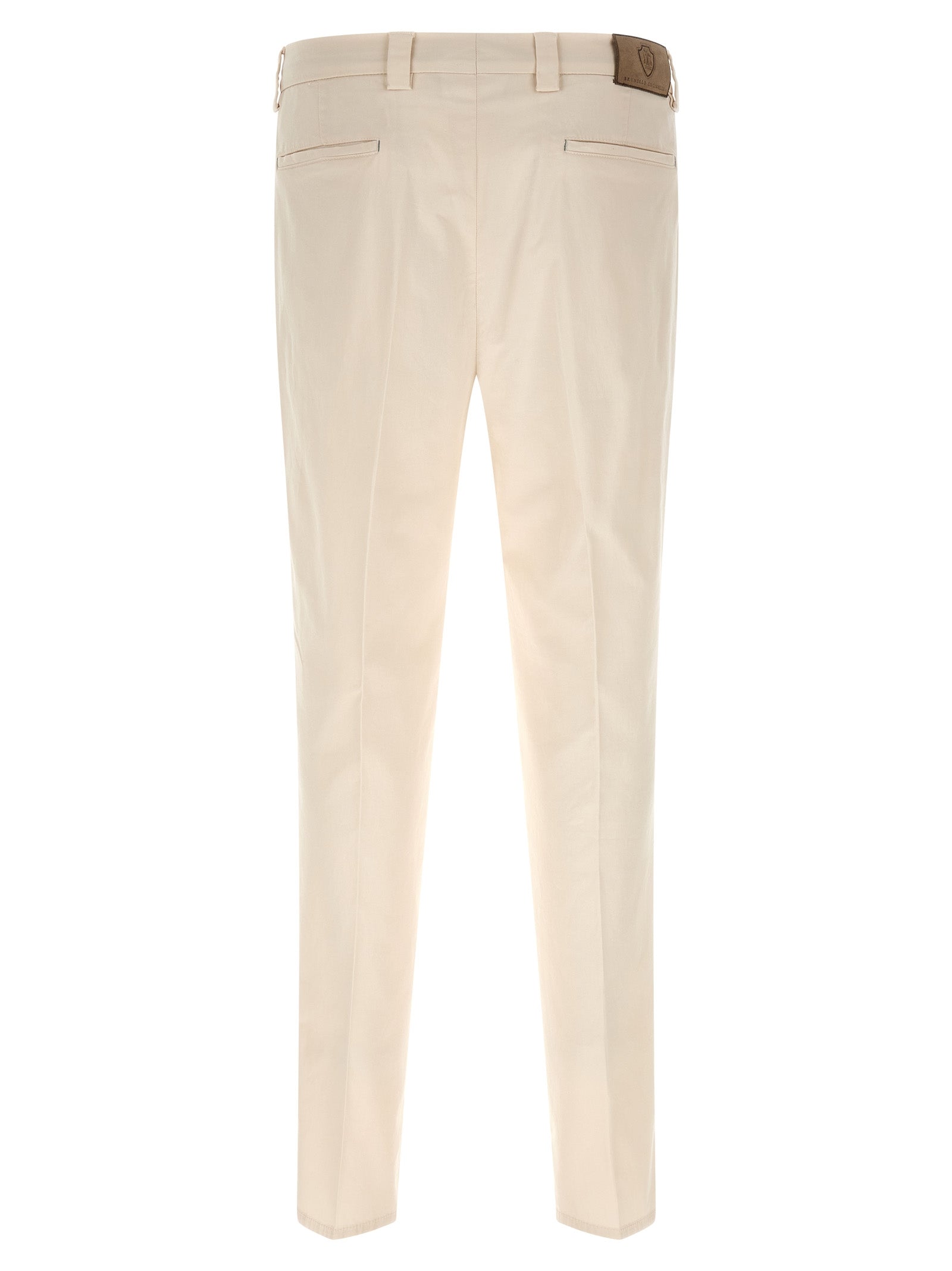 Trousers by Brunello Cucinelli for men in suede leather & cotton white features an sartorial silhouette, showcasing a precise regular-fit and long with a sartorial for a refined look.