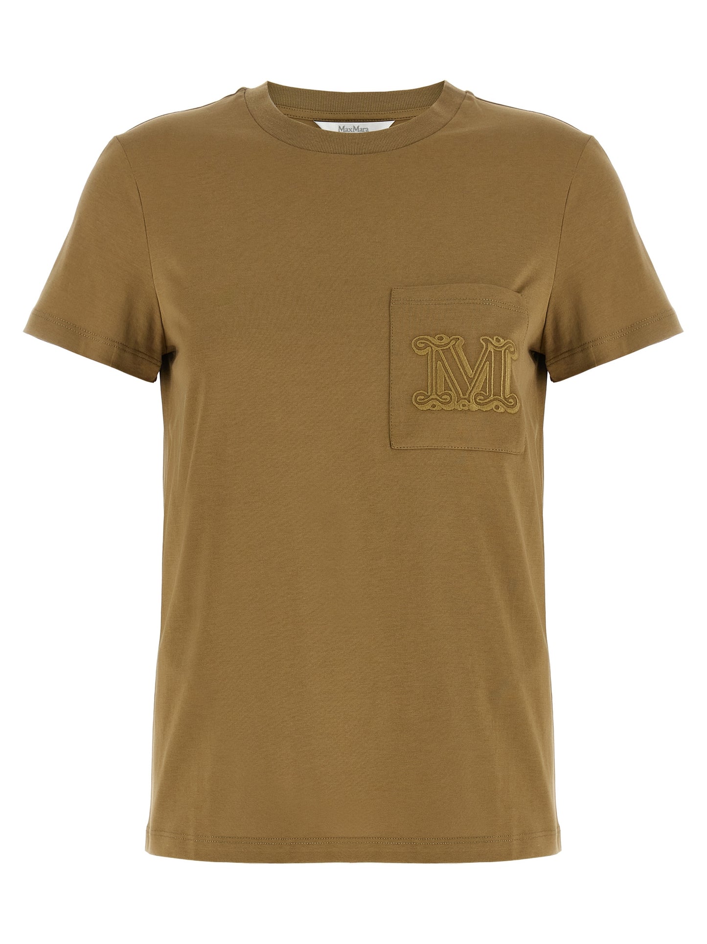 T-Shirt by Max Mara for women in cotton brown & monogram showcases a fashionable silhouette, elegantly detailed with a fashionable short-sleeve and crew neckline for a sophisticated, high-fashion look.