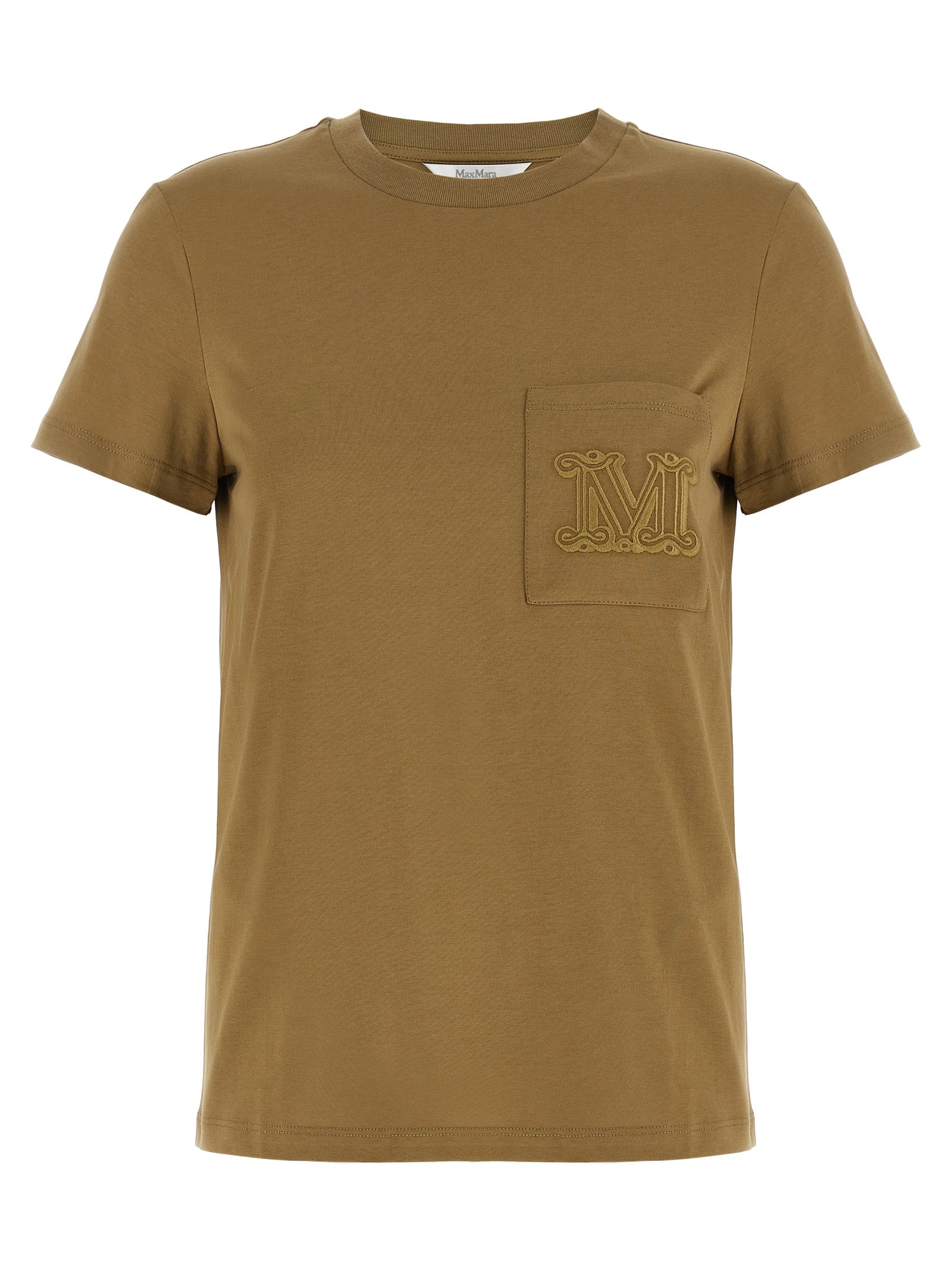 T-Shirt by Max Mara for women in cotton brown & monogram showcases a fashionable silhouette, elegantly detailed with a fashionable short-sleeve and crew neckline for a sophisticated, high-fashion look.