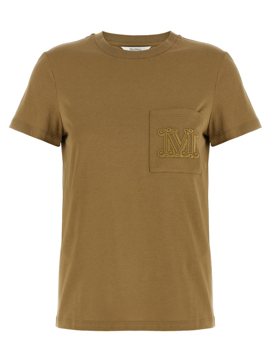 T-Shirt by Max Mara for women in cotton brown & monogram showcases a fashionable silhouette, elegantly detailed with a fashionable short-sleeve and crew neckline for a sophisticated, high-fashion look.