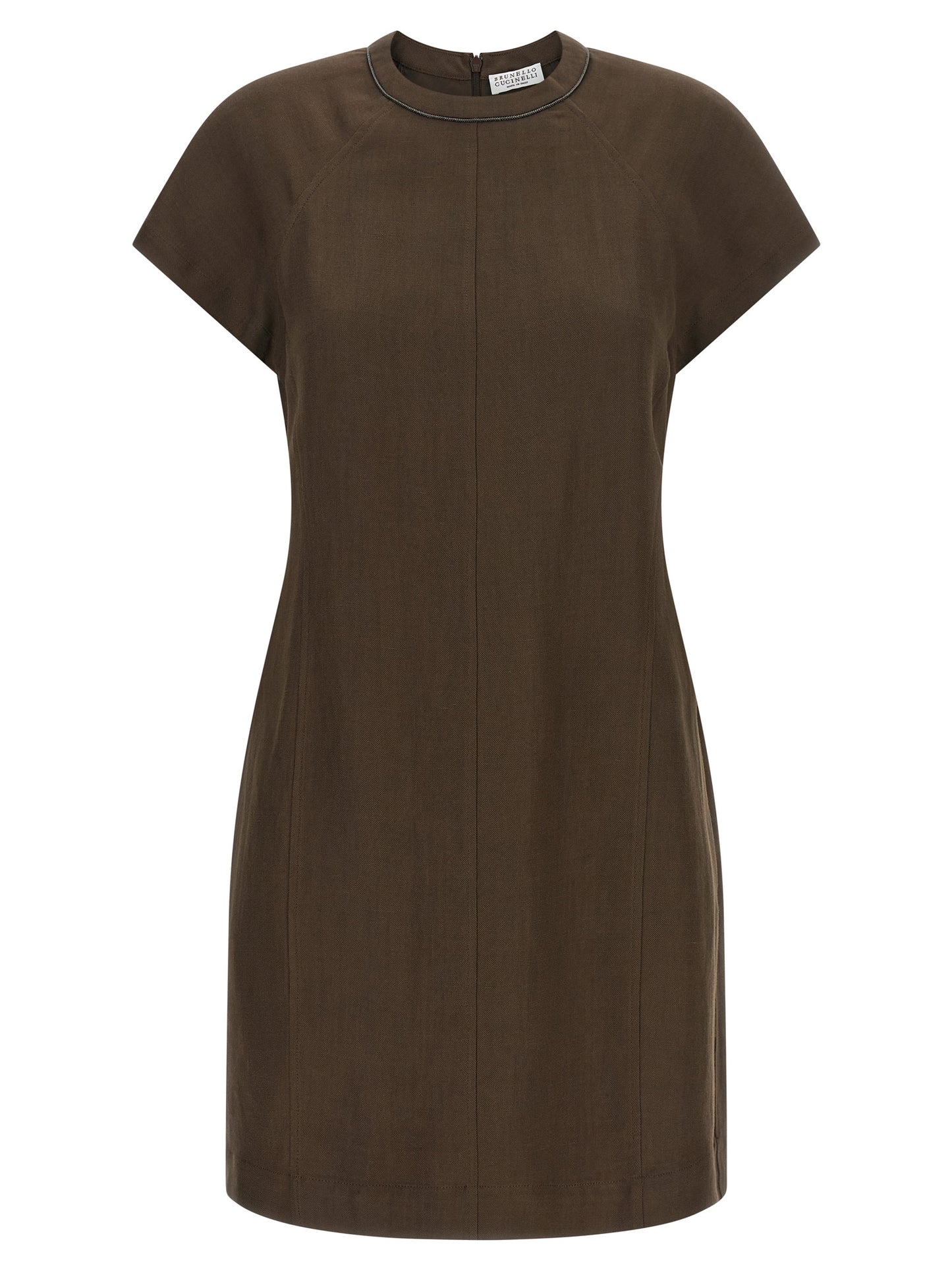 Dress by Brunello Cucinelli for women in viscose linen twill brown & signature showcases a striking silhouette, elegantly detailed with a short-sleeve, refined crew neckline, and a striking short mini for a striking finish.