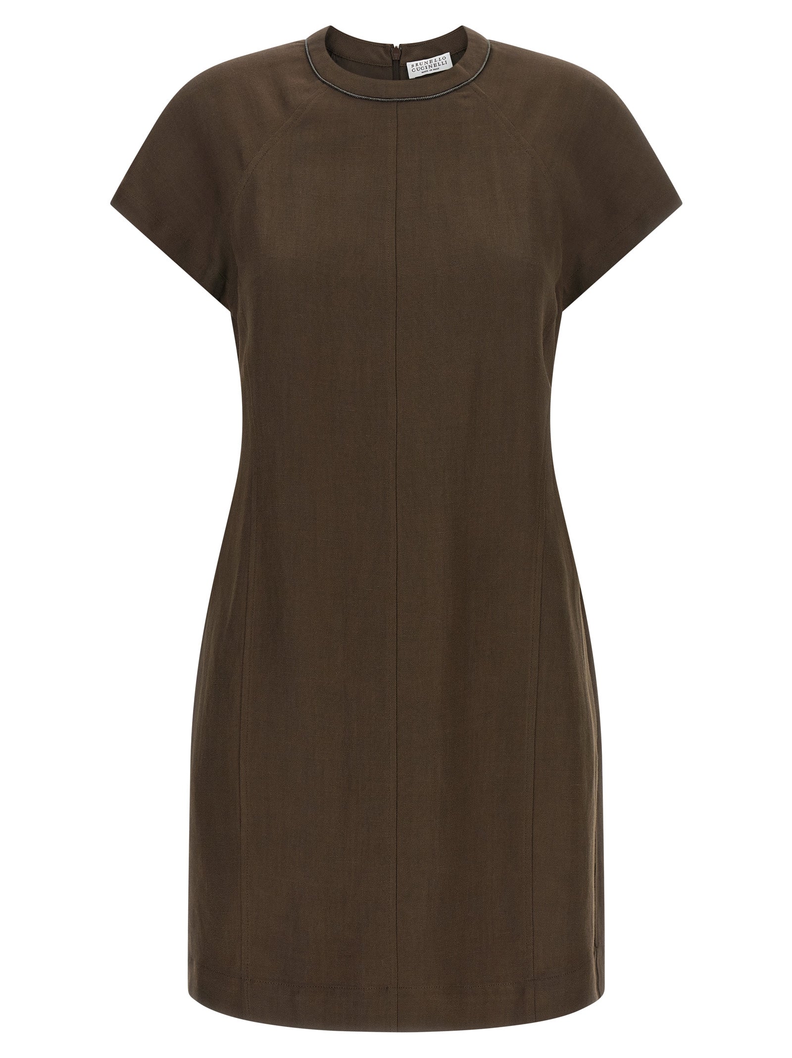 Dress by Brunello Cucinelli for women in viscose linen twill brown & signature showcases a striking silhouette, elegantly detailed with a short-sleeve, refined crew neckline, and a striking short mini for a striking finish.