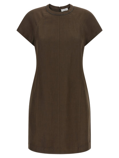 Dress by Brunello Cucinelli for women in viscose linen twill brown & signature showcases a striking silhouette, elegantly detailed with a short-sleeve, refined crew neckline, and a striking short mini for a striking finish.