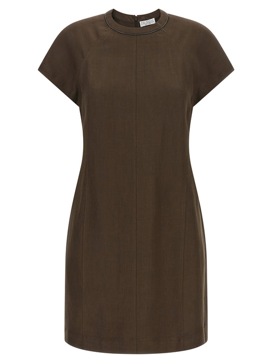 Dress by Brunello Cucinelli for women in viscose linen twill brown & signature showcases a striking silhouette, elegantly detailed with a short-sleeve, refined crew neckline, and a striking short mini for a striking finish.
