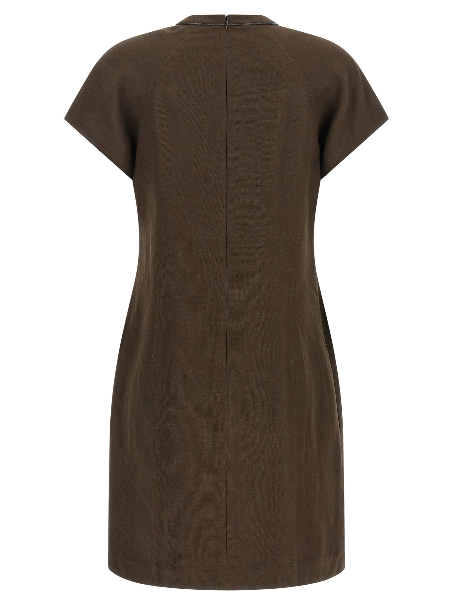 Dress by Brunello Cucinelli for women in viscose linen twill brown & signature features an eye catching silhouette with a sophisticated crew neckline, elegant , and a refined short mini for a eye catching aesthetic.