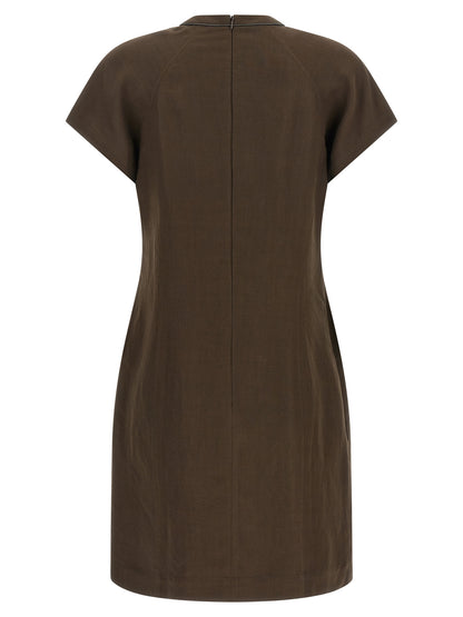 Dress by Brunello Cucinelli for women in viscose linen twill brown & signature features an eye catching silhouette with a sophisticated crew neckline, elegant , and a refined short mini for a eye catching aesthetic.
