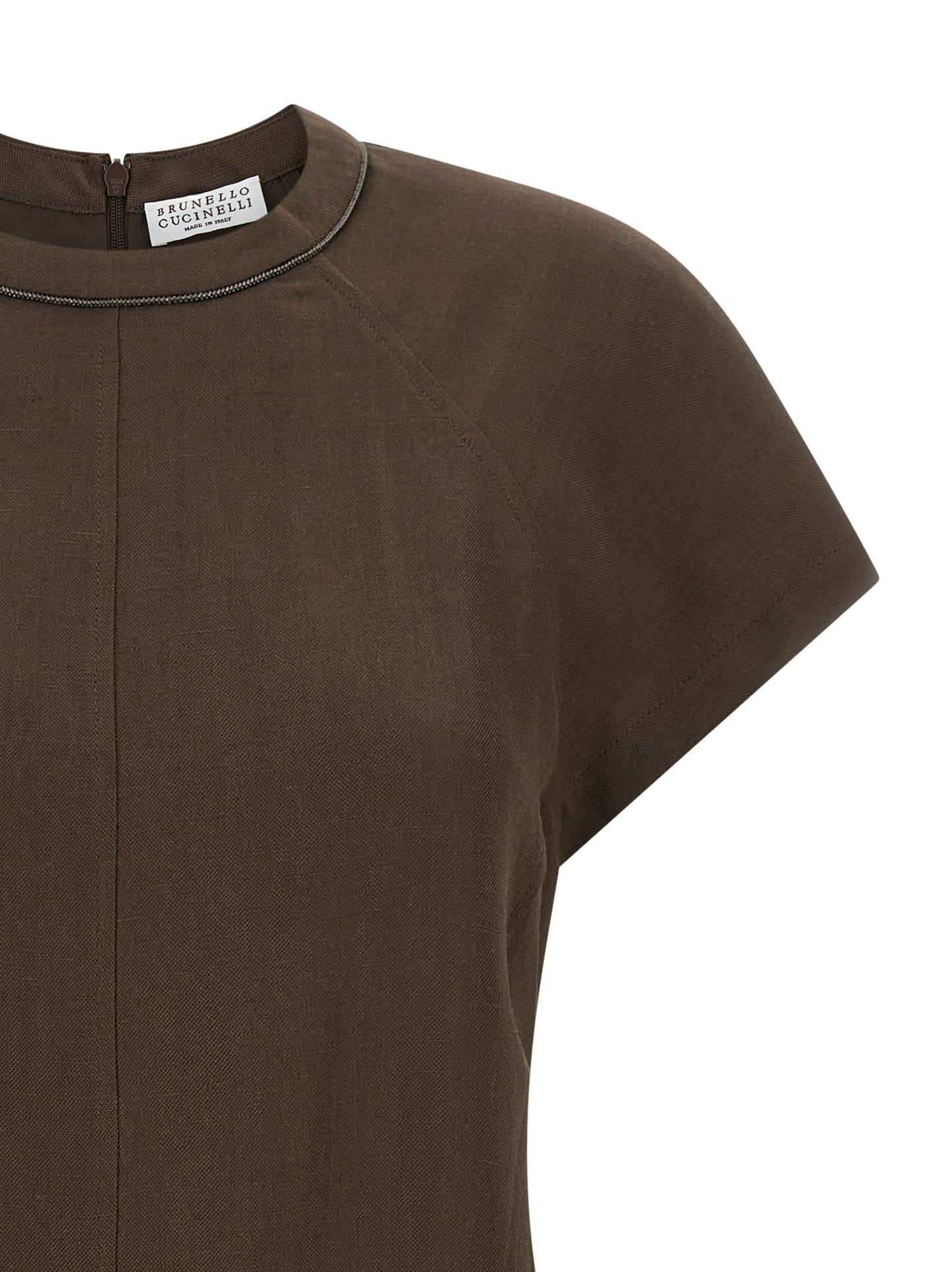 Dress by Brunello Cucinelli for women in viscose linen twill brown & signature features an cute silhouette, detailed with a and crew neckline that elegantly flows into a cute short mini.
