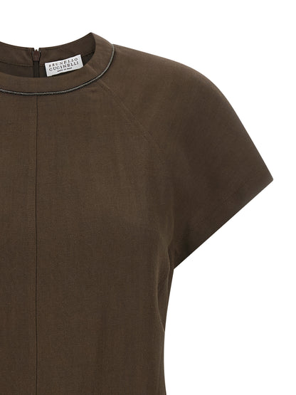 Dress by Brunello Cucinelli for women in viscose linen twill brown & signature features an cute silhouette, detailed with a and crew neckline that elegantly flows into a cute short mini.