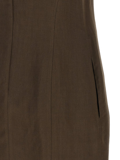 Dress by Brunello Cucinelli for women in viscose linen twill brown & signature features an sultry silhouette defined by a and , falling to an sultry short mini for a sultry look.