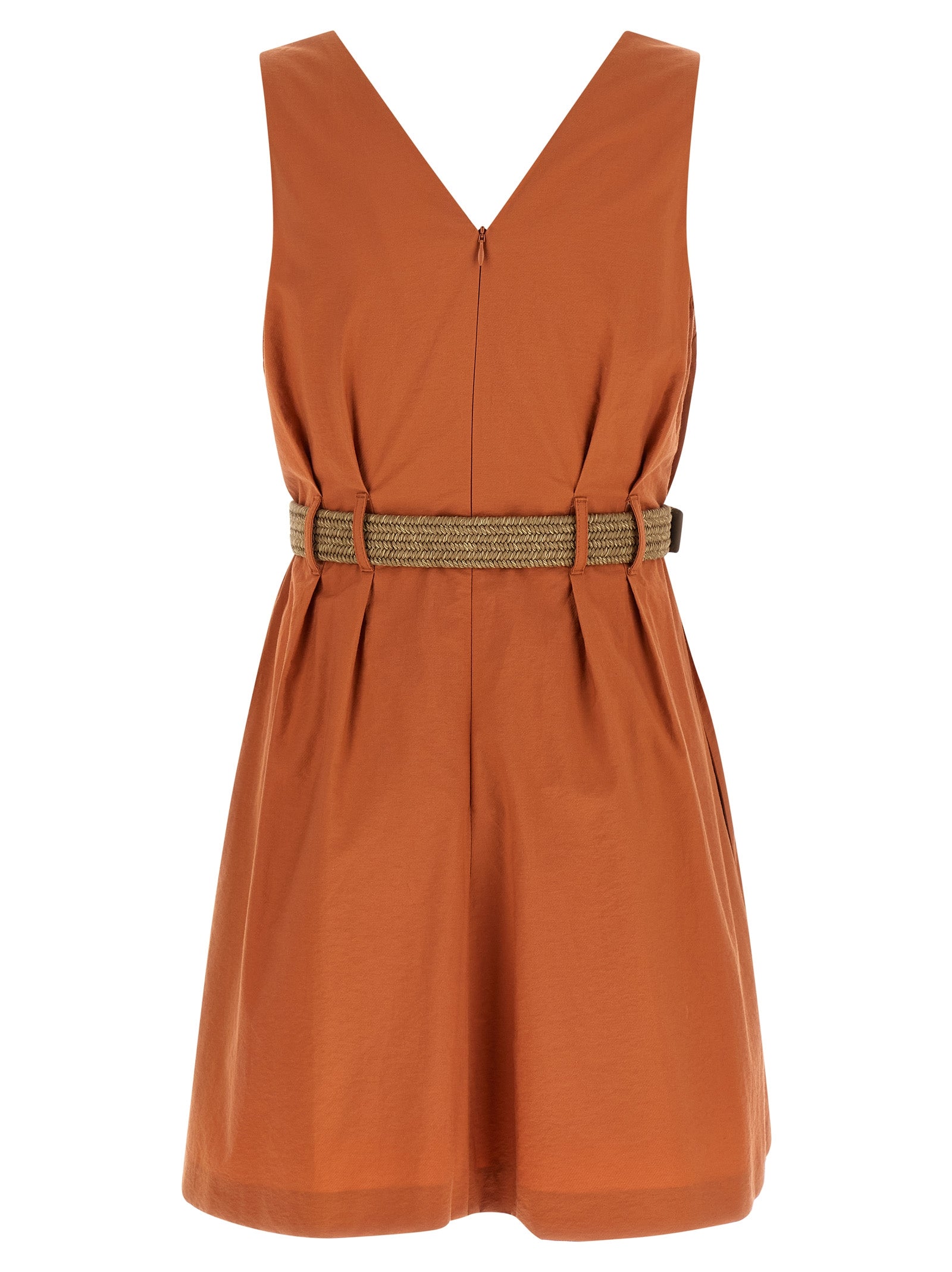 Dress by Brunello Cucinelli for women in cotton polyamide twill crepe orange features a dramatic silhouette, showcasing an elegant v-neck neckline and that flows into a dramatic short mini.