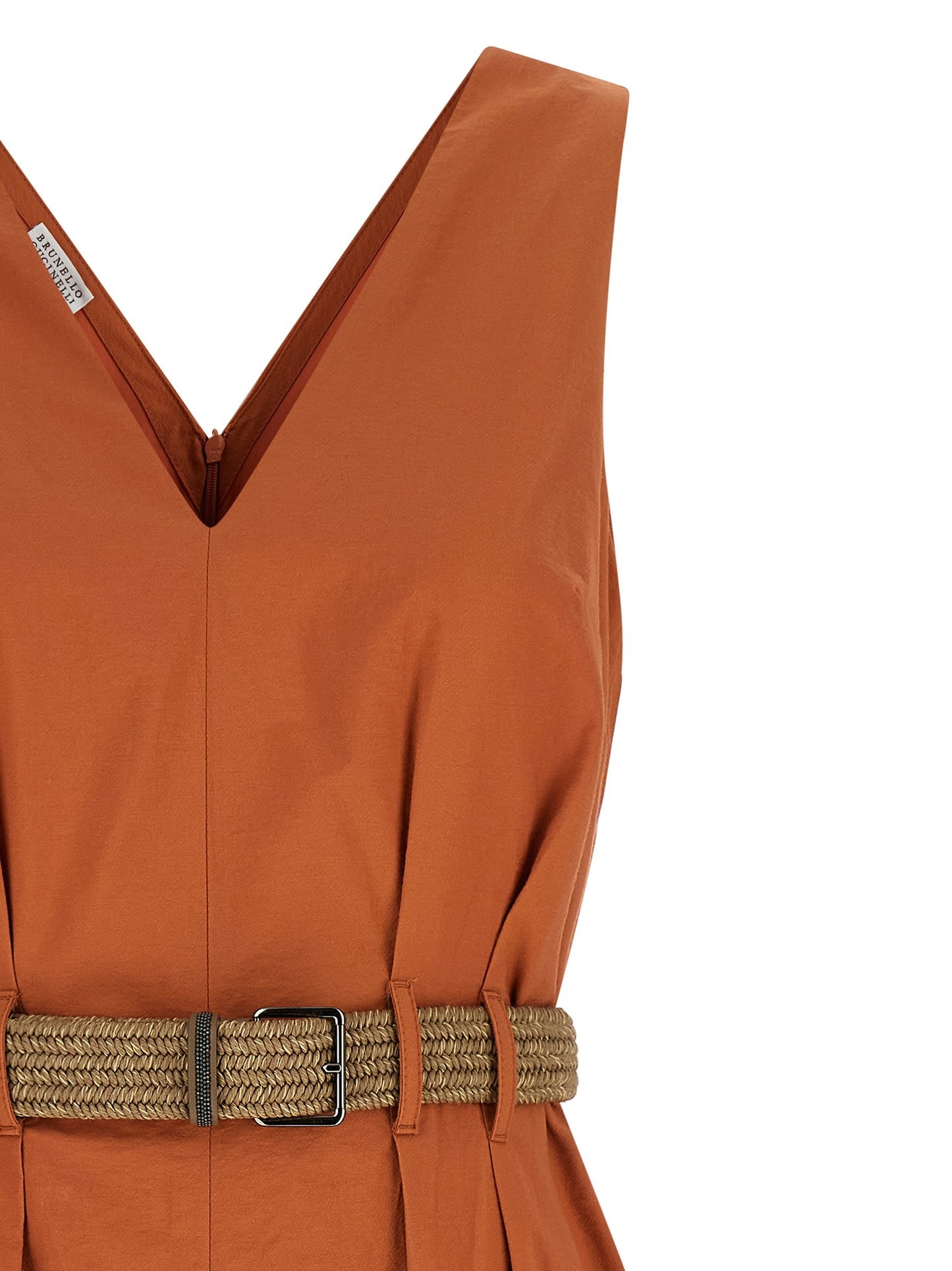 Dress by Brunello Cucinelli for women in cotton polyamide twill crepe orange presents a sinuous silhouette, showcasing a sophisticated v-neck neckline and detailed with a sinuous short mini for a refined finish.