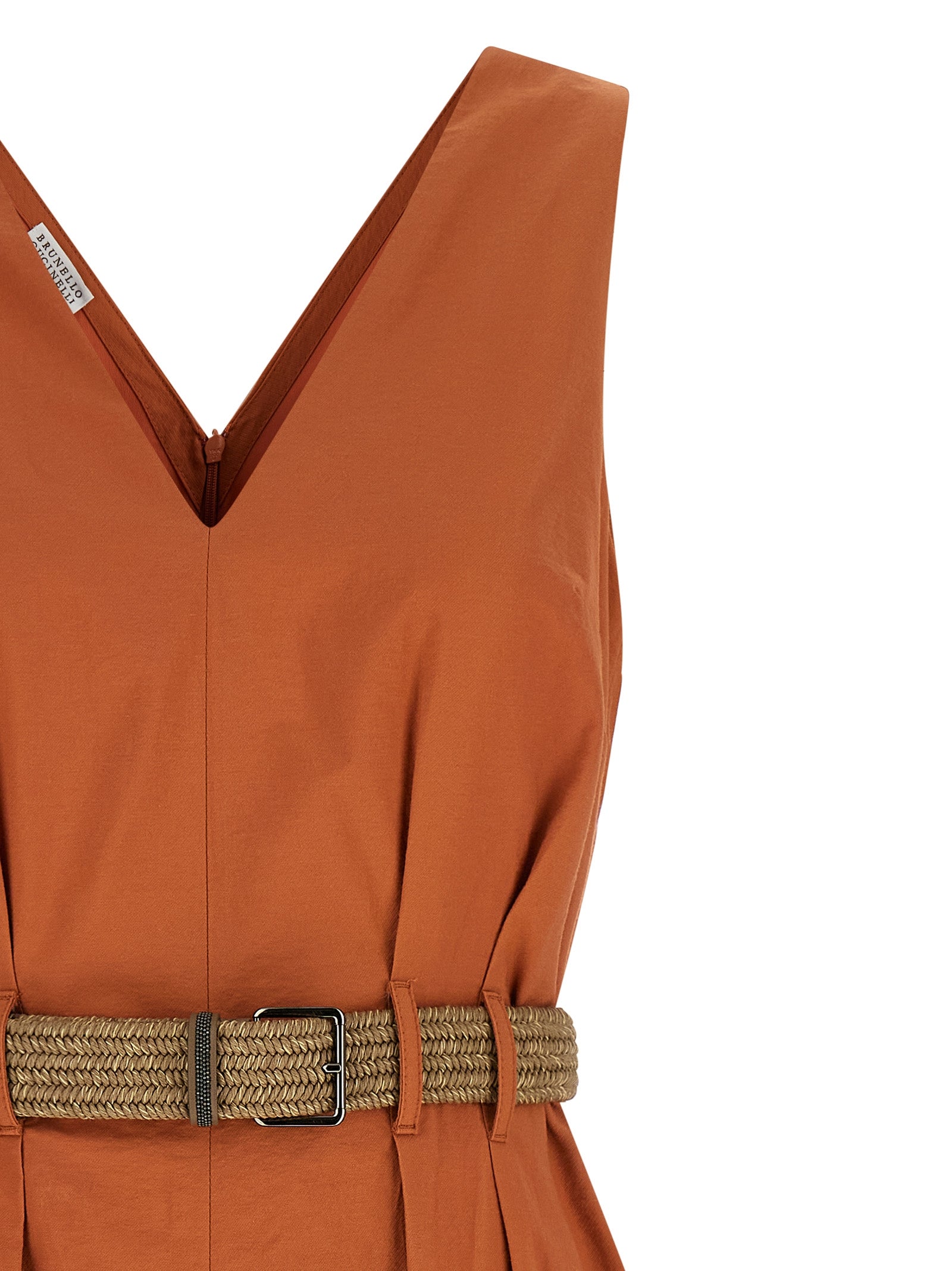 Dress by Brunello Cucinelli for women in cotton polyamide twill crepe orange presents a sinuous silhouette, showcasing a sophisticated v-neck neckline and detailed with a sinuous short mini for a refined finish.