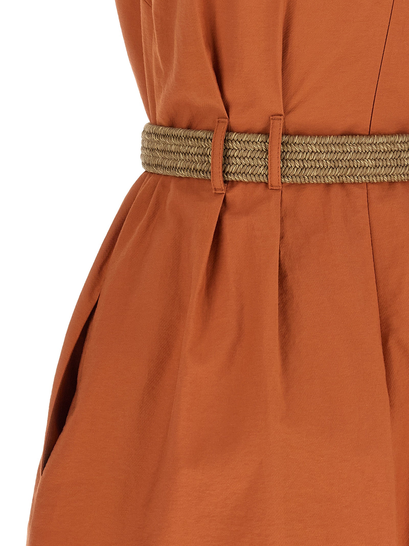 Dress by Brunello Cucinelli for women in cotton polyamide twill crepe orange features a dramatic silhouette, showcasing an elegant and that flows into a dramatic short mini.