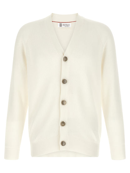Brunello Cucinelli Men's V Neck Cotton Cardigan - White